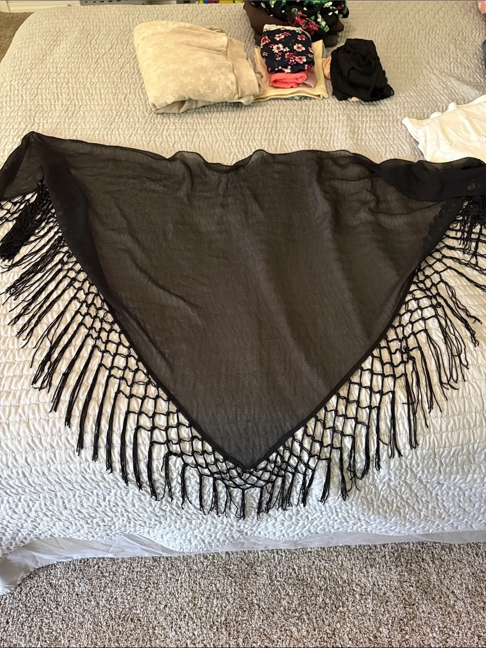 Sheer Black Fringe Shawl Wrap